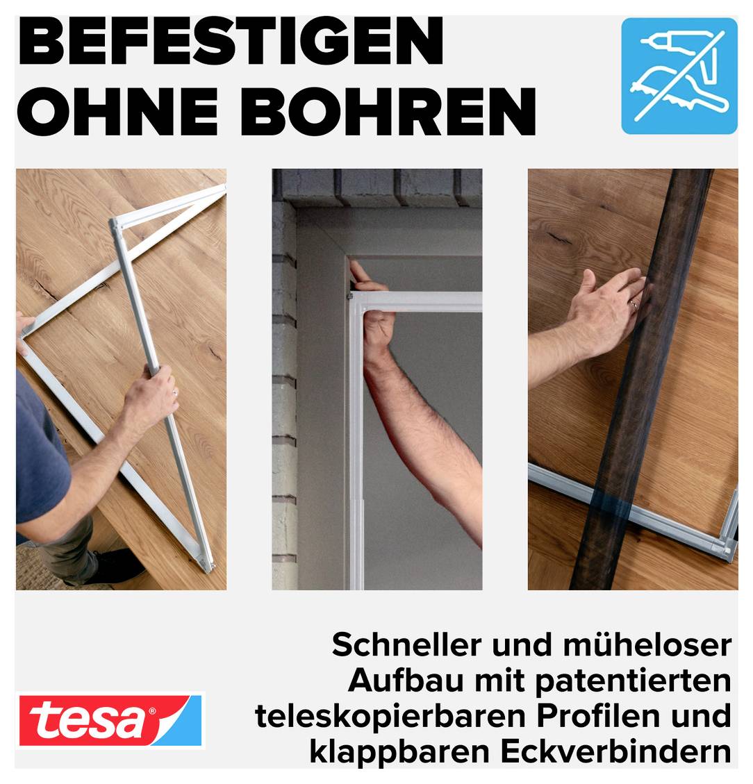 Reclame voor tesa: Bevestiging zonder boren; drie afbeeldingen tonen de snelle opbouw van een frame met telescopische profielen en opklapbare hoekverbinders.