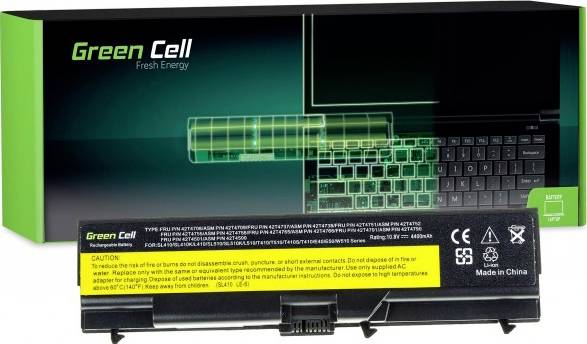 Laptop-accu en verpakking met opschrift 'Green Cell Fresh Energy'. Gebruiks- en veiligheidsinstructies op geel etiket.