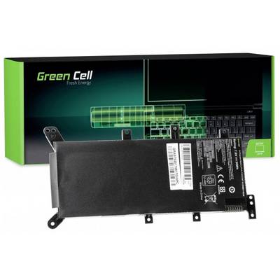 Laptop-accu met 'Green Cell' verpakking, groen-zwart design, toont technische gegevens en symbolen. Geschikt voor specifieke laptopmodellen.