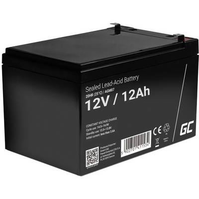 Afbeelding van een verzegelde loodaccu met de opdruk '12V/12Ah'. Merklogo en symbolen voor afvalverwijdering en waarschuwingen zichtbaar.
