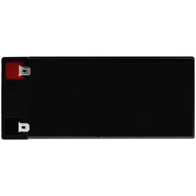 Zwarte rechthoekige batterij met twee uitstekende metalen aansluitingen aan de bovenkant, waarvan één rood gemarkeerd.