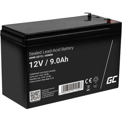 Zwarte lood-zuur-accu met 12V, 9,0Ah. Bevat technische informatie: spanning, capaciteit en fabrikantinstructies.