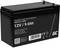 Zwarte lood-zuur-accu met 12V, 9,0Ah. Bevat technische informatie: spanning, capaciteit en fabrikantinstructies.