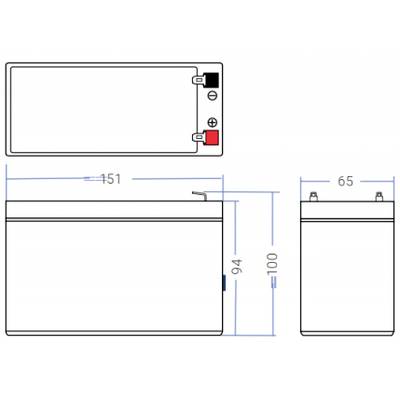 Technische tekening van een batterij met afmetingen: 151 mm lengte, 65 mm breedte, 94 mm hoogte tot behuizing, 100 mm totaal.