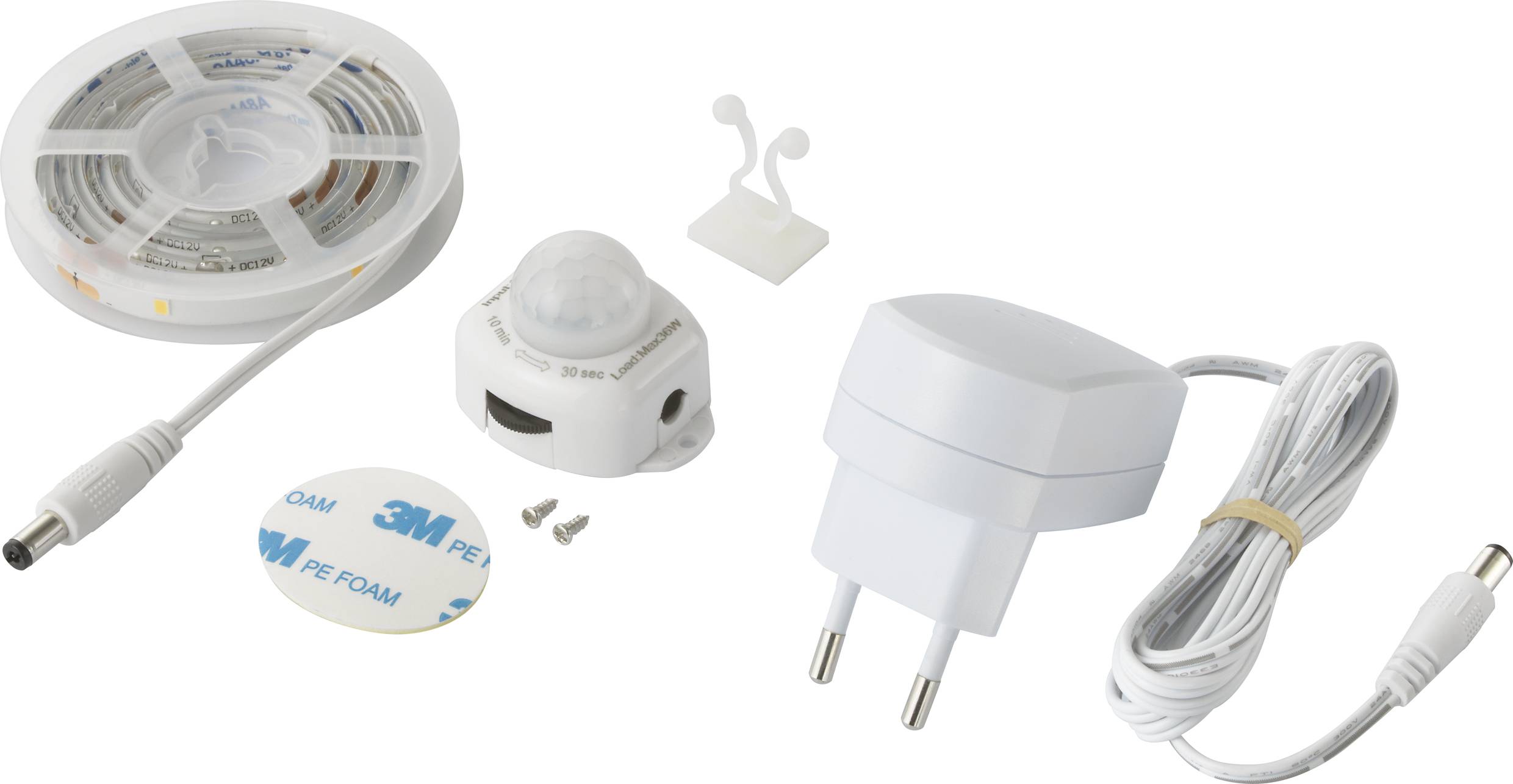 Led-lichtstripreeks met sensor, adapter, kabel en bevestigingsmateriaal. Ideaal voor indirecte verlichting of accentverlichting.