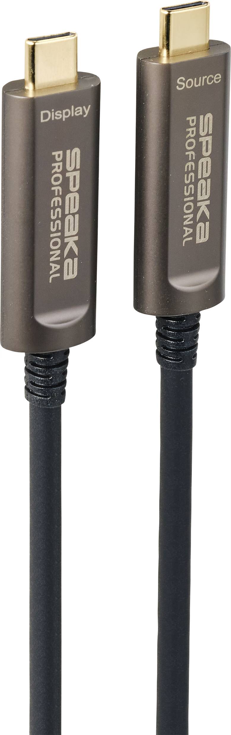 Twee USB-C-kabelstekkers met de aanduiding 'Display' en 'Source', die hoogsnelle overdrachten ondersteunen.