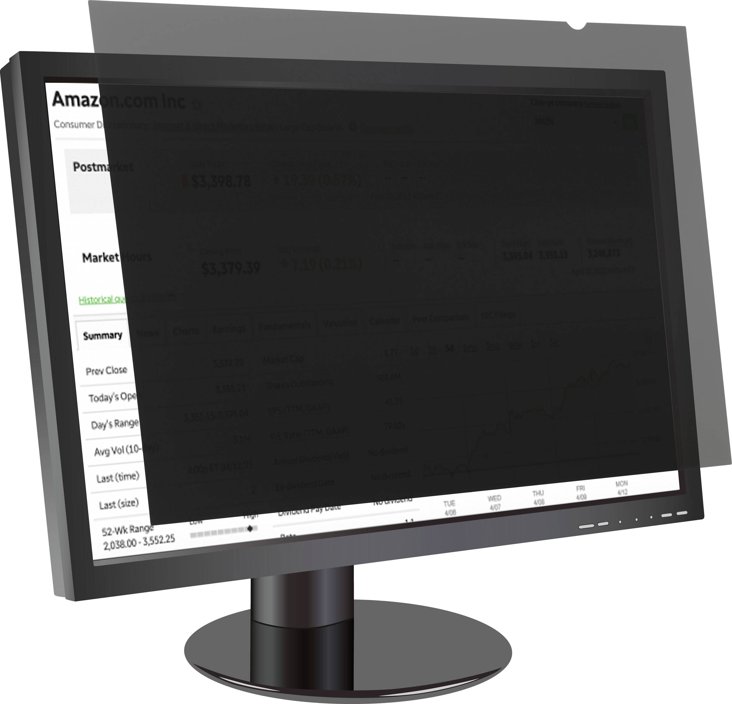Een computermonitor met een privacyfilter dat de scherminhoud blokkeert. Geschikt voor de bescherming van privacy.