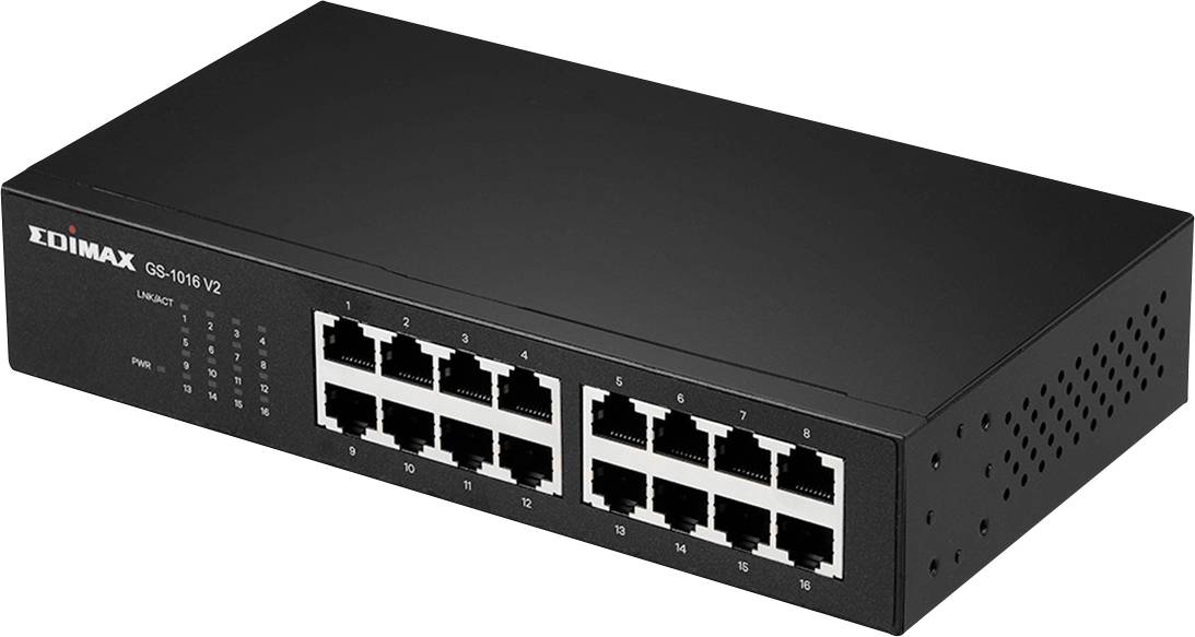 Een zwarte netwerk-switch met zestien Ethernet-poorten. Markering linksboven toont 'Edimax GS-1016 V2'. Bruikbaar voor eenvoudige netwerkverbindingen.