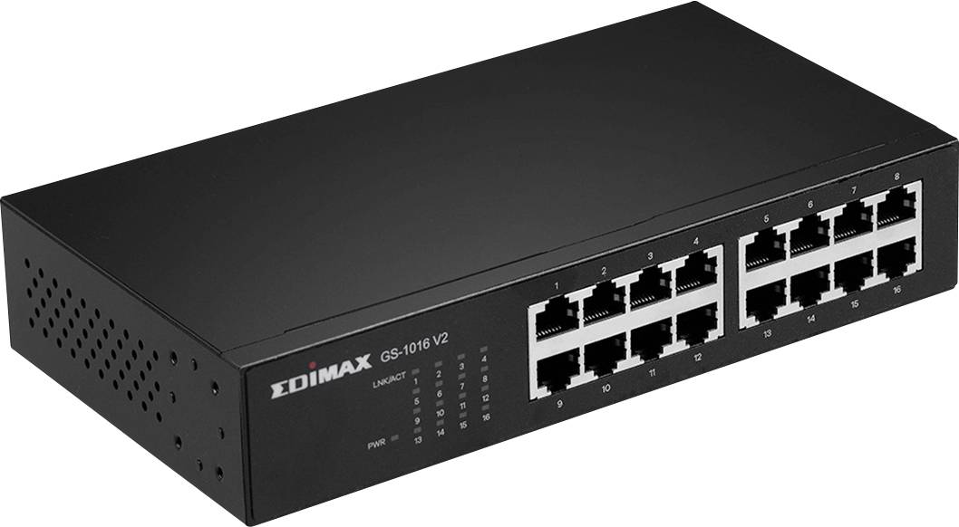 Een zwarte netwerk-switch met 16 Ethernet-poorten, geschikt voor het verbinden van meerdere apparaten in een netwerk.