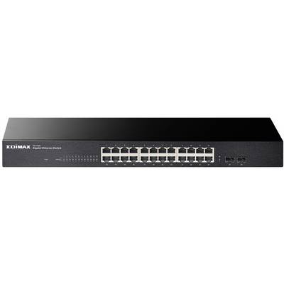 Een zwarte 24-poorts Gigabit Ethernet-switch van het merk Edimax. Hij heeft indicatielampjes en aansluitingen voor netwerkkabels.