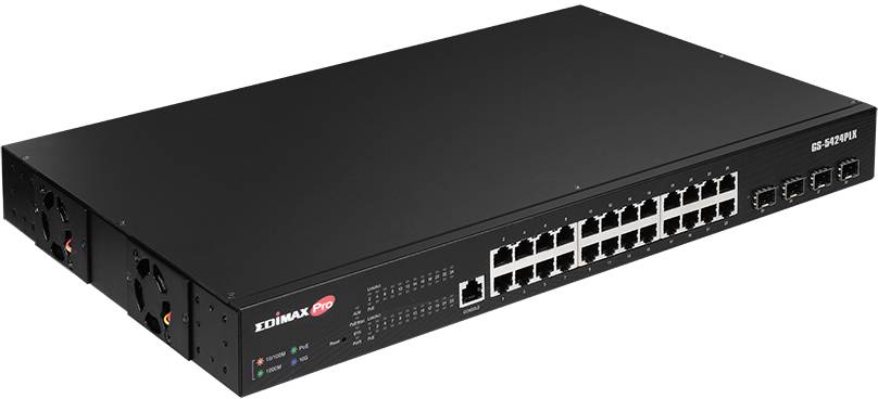 Zwarte netwerk switch met 24 RJ45-poorten en 4 extra SFP-poorten. Gemarkeerd als 'Edimax Pro'. Geschikt voor professionele netwerkaansluitingen.