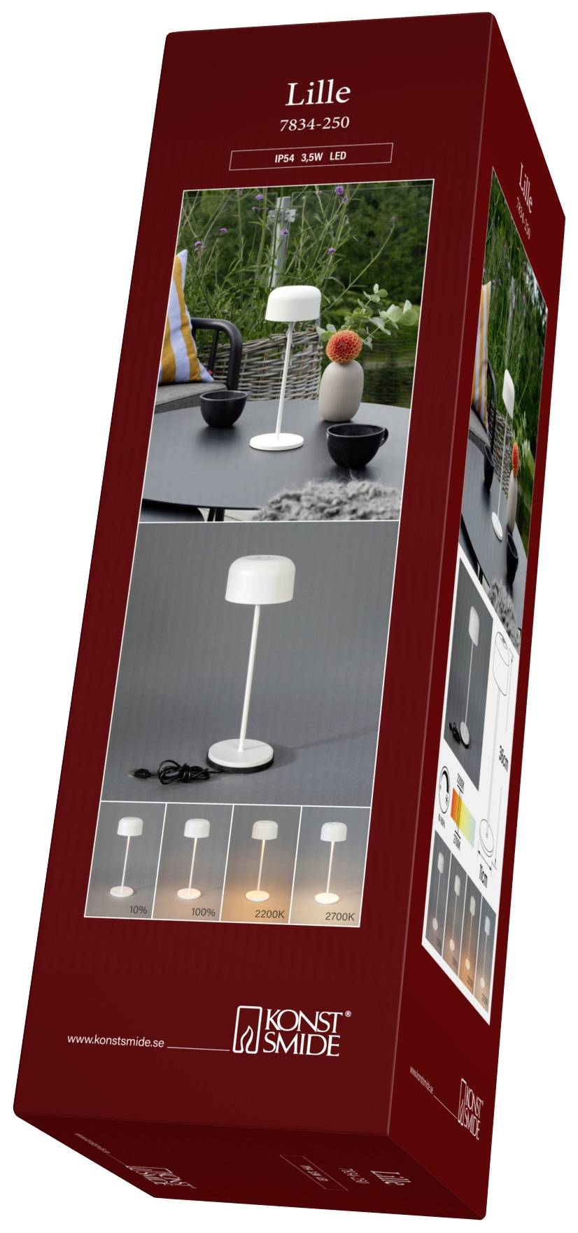 Rode verpakking van een 'Lille' LED-tafellamp van Konstsmide. Bevat lamp, gebruiksfoto's en technische specificaties.
