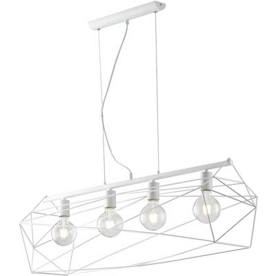 Witte, geometrische hanglamp met vier gloeilampen, modern en minimalistisch, geschikt voor eetkamer of keuken.