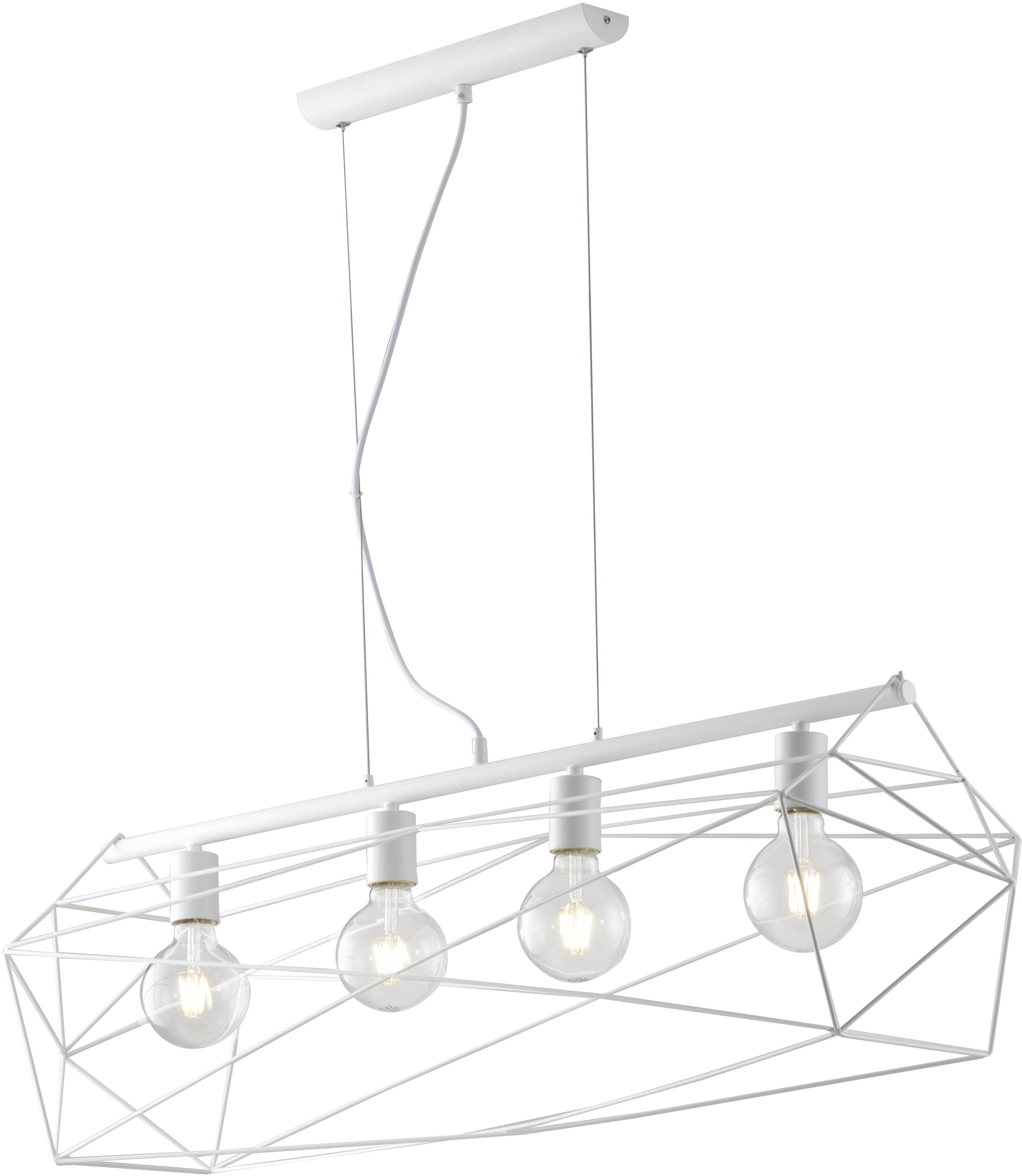 Witte, geometrische hanglamp met vier zichtbare gloeilampen, geschikt voor moderne woonruimtes.