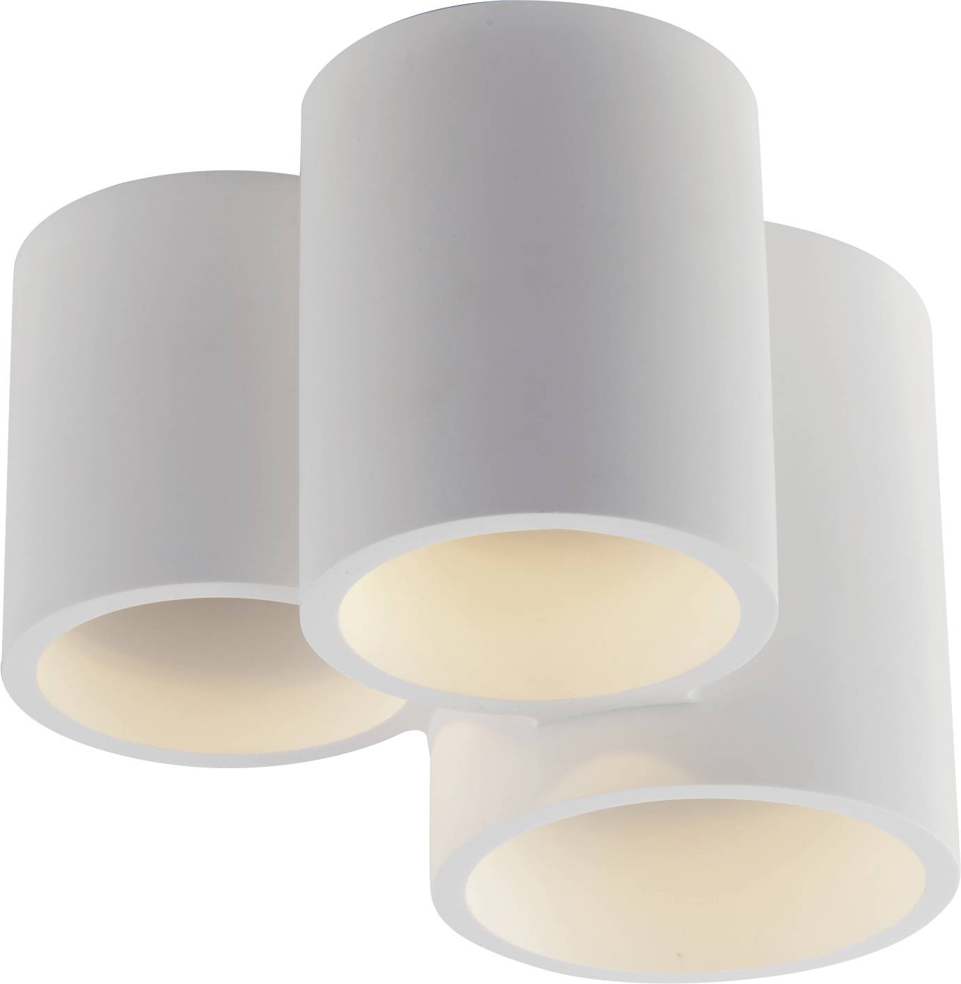 Plafondlamp met drie witte, cilindrische lampenkappen die dicht bij elkaar zijn gemonteerd en warm licht naar beneden uitstralen.