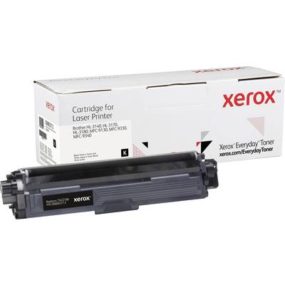 Een zwarte Xerox tonercartridge, geschikt voor verschillende Brother laserprintermodellen. Verpakking op de achtergrond.