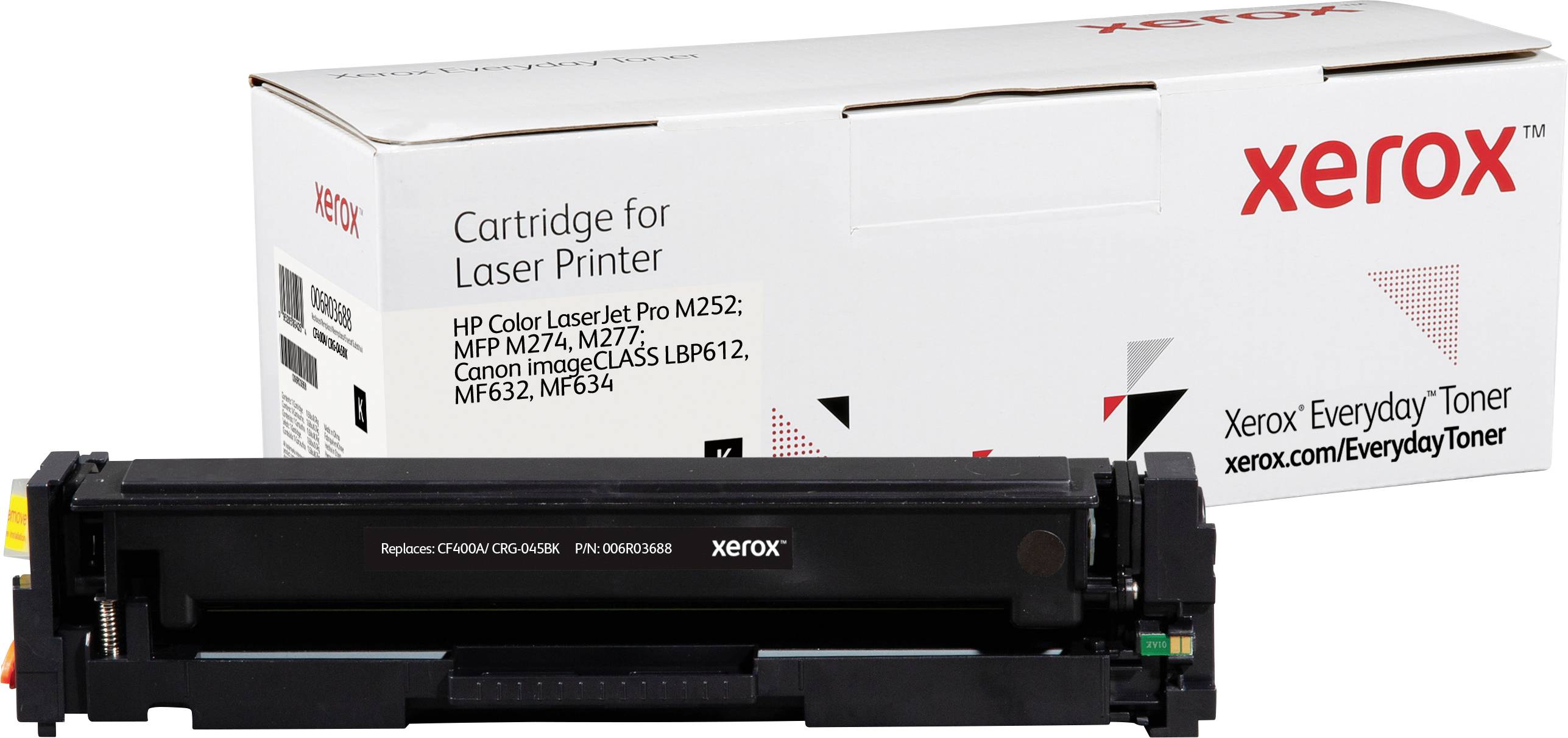 Xerox laserprinter-toner op witte achtergrond. Verpakking en product afgebeeld. Geschikt voor HP en Canon modellen.