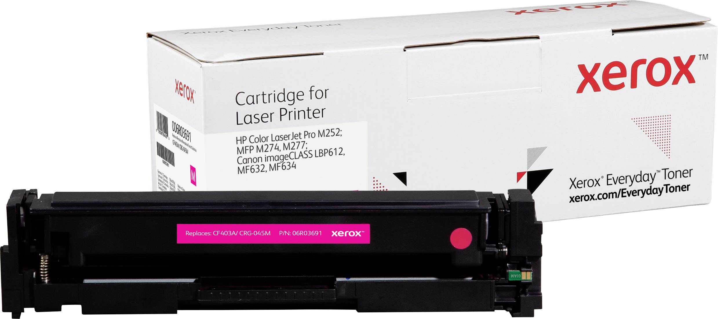 Laserprinterpatroon met het opschrift 'Xerox'. Op de achtergrond bevindt zich de verpakking, eveneens voorzien van het Xerox-logo.