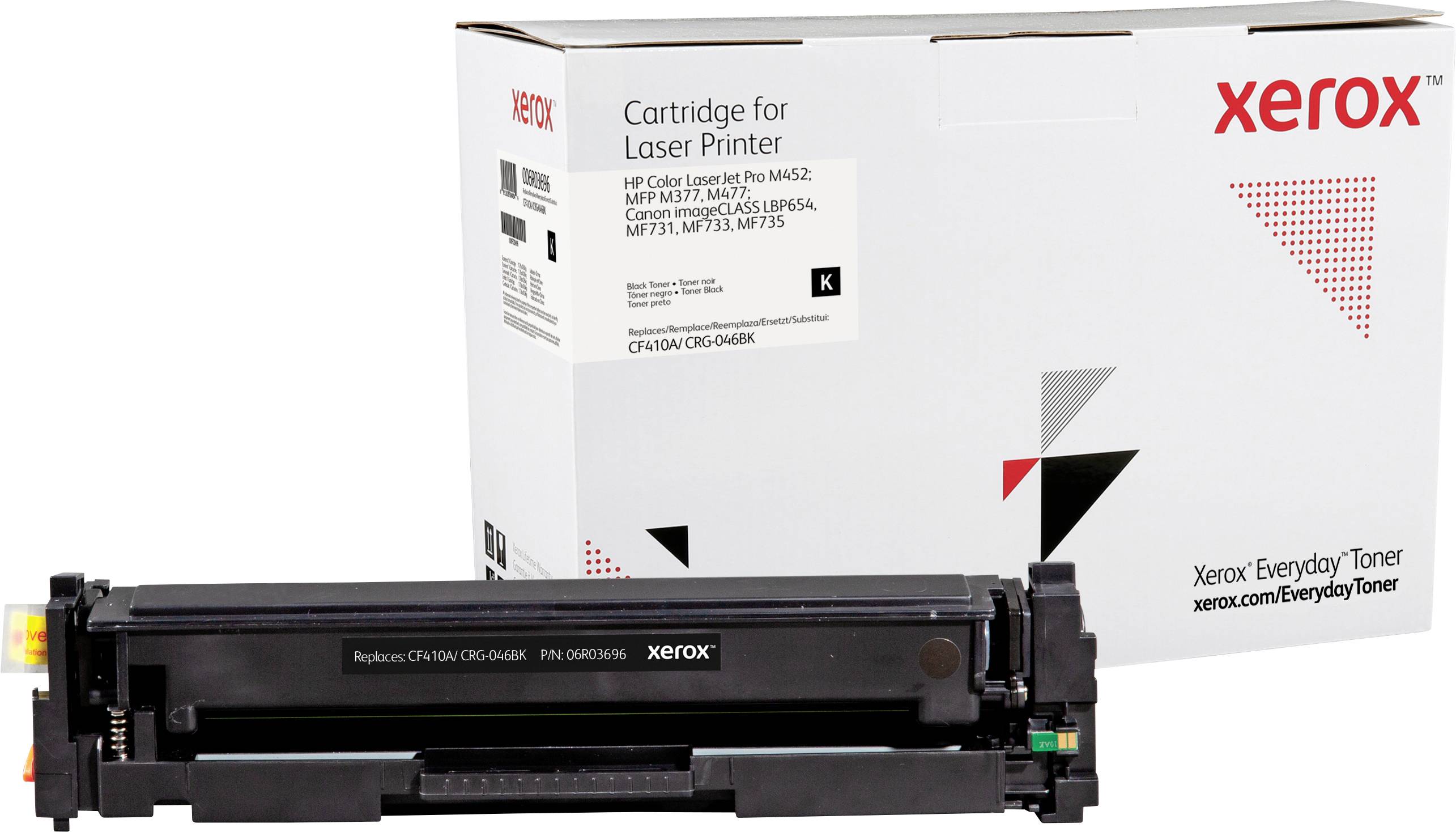 Een Xerox-laserprintertoner voor zijn verpakking. De doos toont compatibiliteitsinformatie en het Xerox-logo.