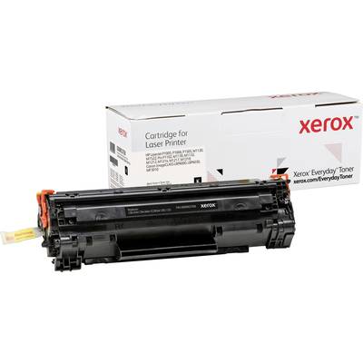 Een Xerox laserprinter tonercartridge, zwart, geplaatst voor een verpakkingsdoos met productinformaties en merkenlogo.