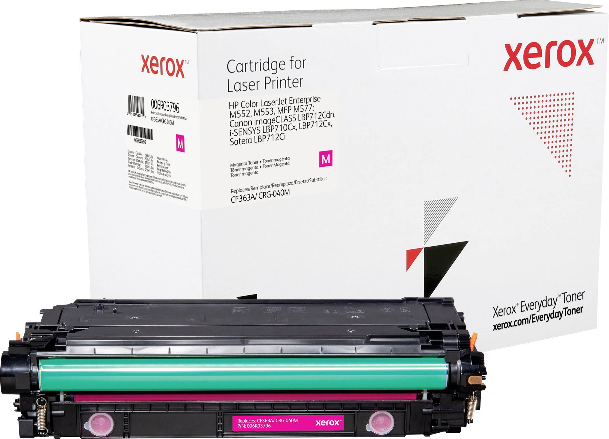 Xerox-laserprintertonerpatroon voor HP-printers, met verpakking op de achtergrond. Voornamelijk in zwart en magenta.