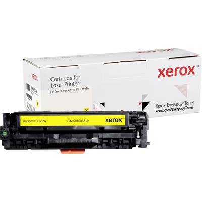 Xerox laserprintertonerpatroon. Geschikt voor HP Color LaserJet Pro MFP M476. Verpakking op de achtergrond, patroon op de voorgrond.