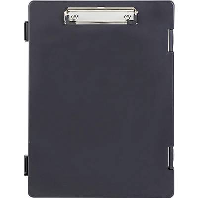 Een zwart klembord met een metalen klem bovenaan, gebruikt om papier of documenten vast te houden.