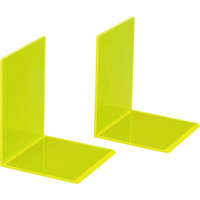 Twee gele plastic boekensteuntjes die loodrecht op elkaar staan.