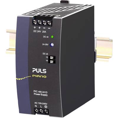 'PULS PIANO Voedingsadapter, Model PIC 480.241D, gemonteerd op een DIN-rail, met 24V DC uitgang bij 20A.'