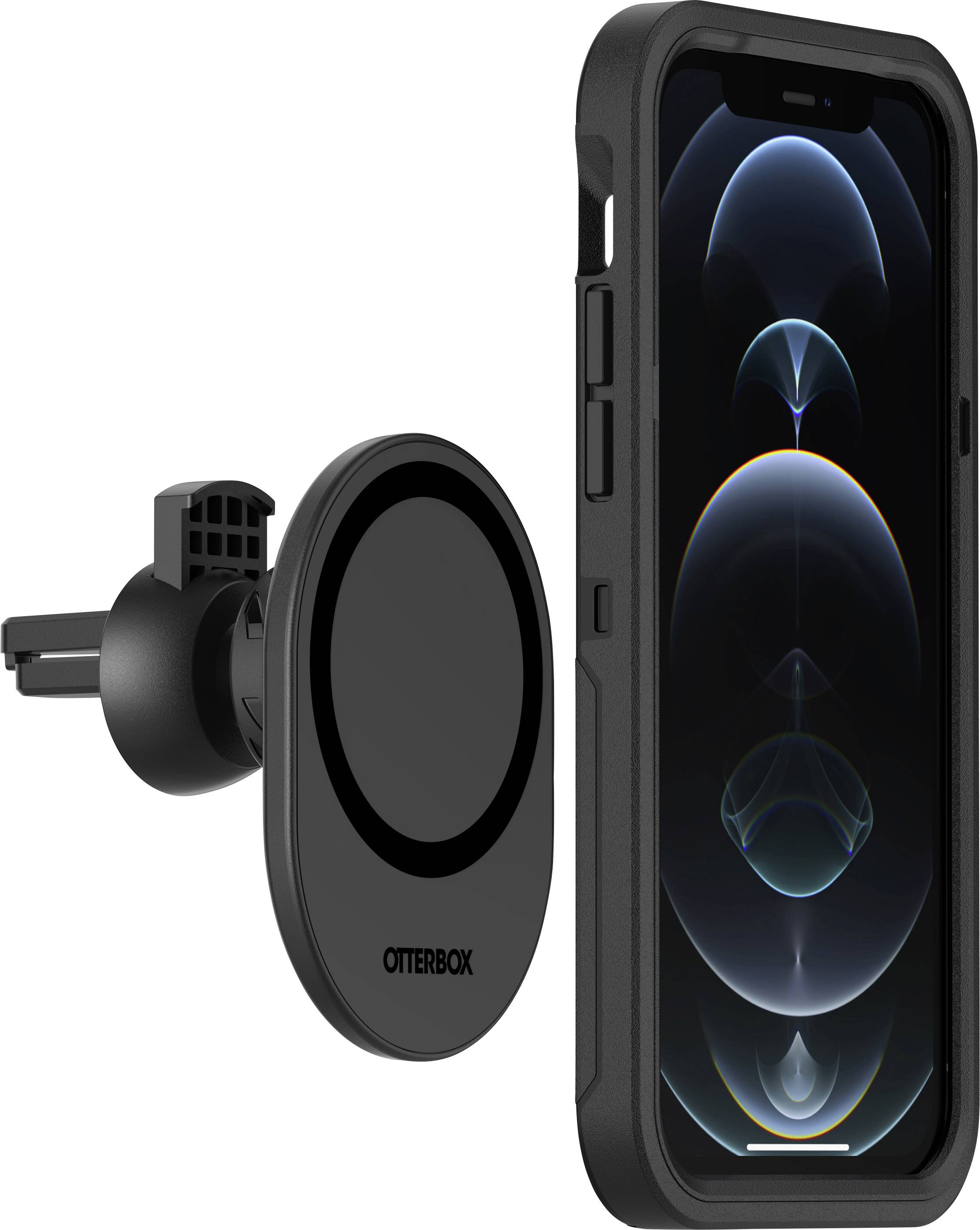 Smartphone met robuiste zwarte behuizing en ronde magnetische autohouder voor veilige bevestiging in het voertuig.
