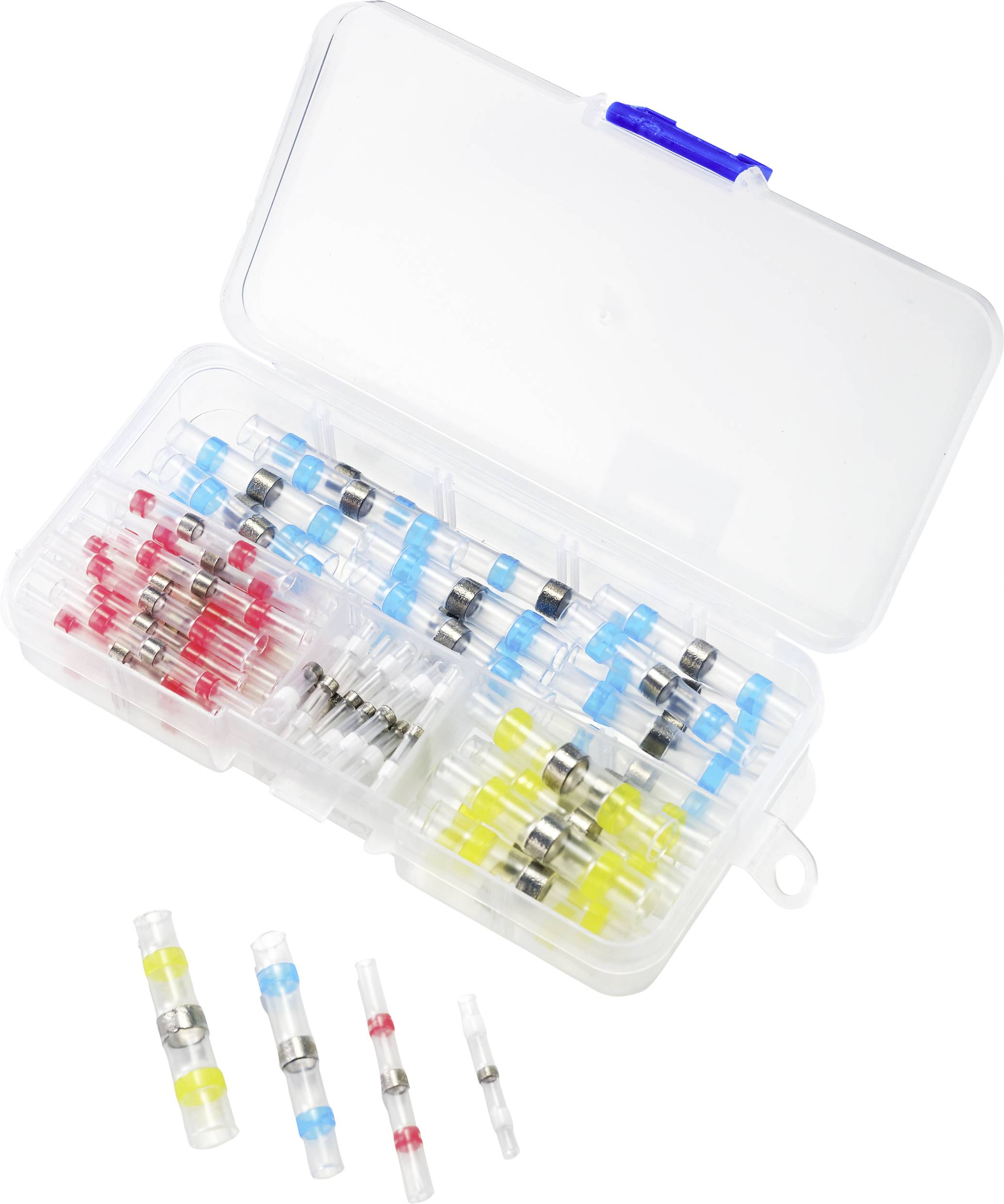 Geopende plastic doos met verschillende krimpverbindingen in rood, blauw, geel en wit, elk in transparante buisjes met metalen ringen.