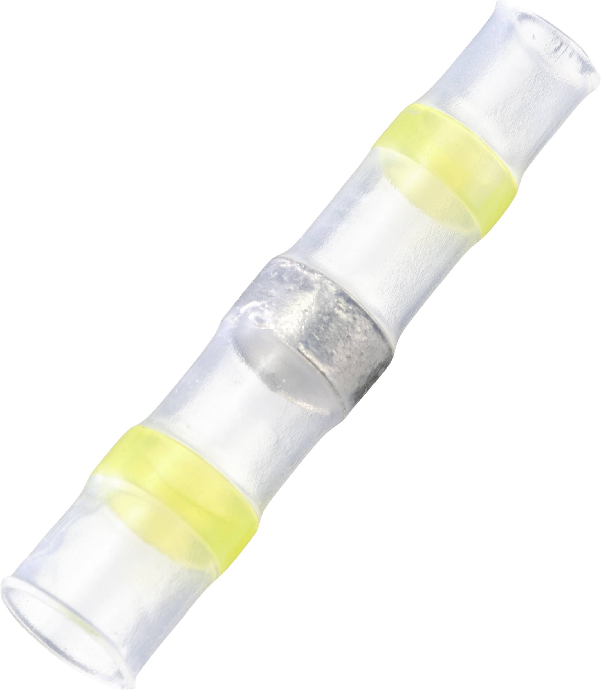 Transparante, buisvormige verbinding met een zilveren ring in het midden en gele strepen aan de uiteinden, gebruikt voor kabelaansluitingen.