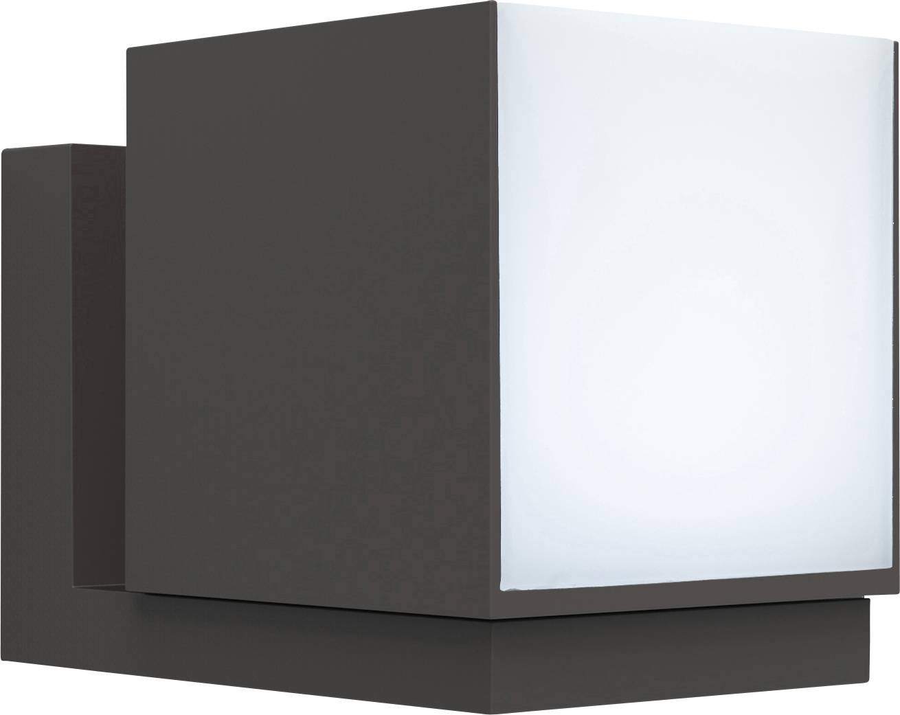 Een moderne, kubische wandlamp met een zwarte behuizing en wit verlichtingselement. Ideaal voor hedendaagse binnen- of buitenruimtes.