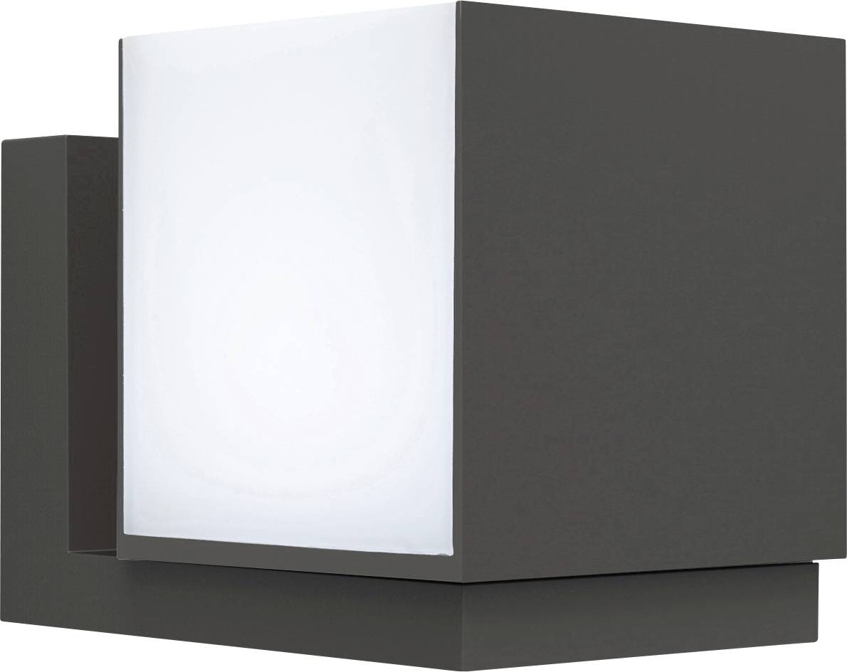 Een minimalistische, moderne wandlamp met een rechthoekige, donkere behuizing en een verlichtend, wit lichtpaneel.