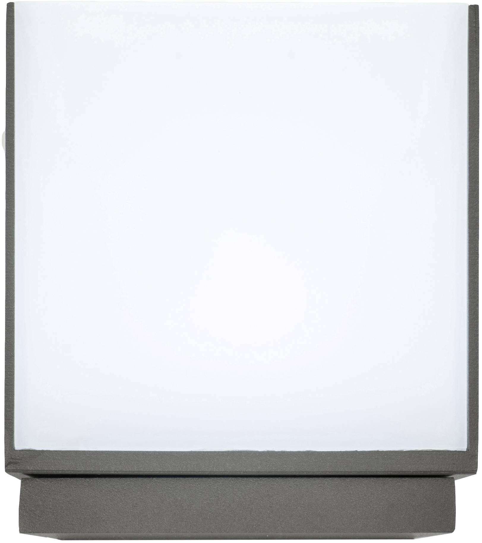Een vierkante buitenlamp met melkwit glas en een grijze lijst, die diffuus licht in alle richtingen uitstraalt.