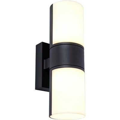 Zwarte, cilindrische wandlamp met twee lichtgevende, witte diffusors naar boven en beneden, modern design.