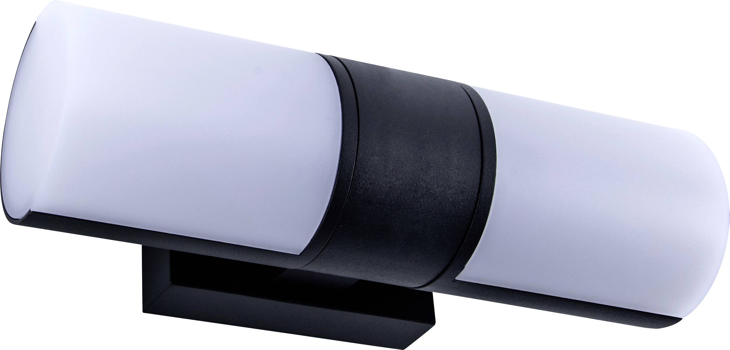 Wandlamp met een cilindrische, witte kap en zwart middendeel, zijdelings gemonteerd.