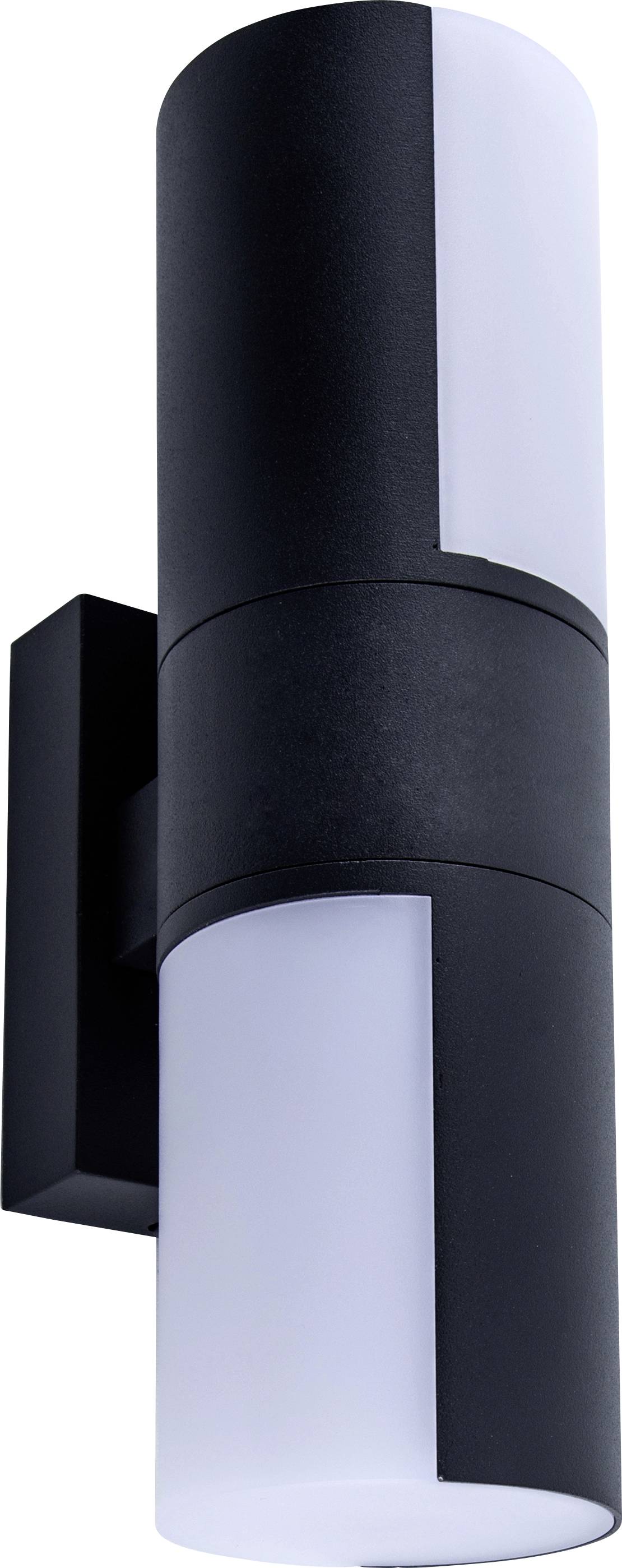 Moderne, cilindrische buitenlamp in het zwart met een witte diffuser, bevestigd aan een vierkante steun.