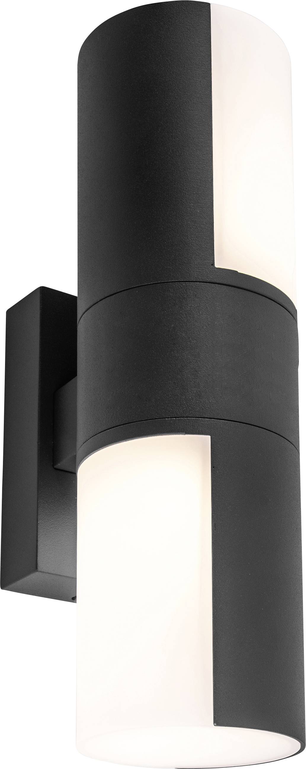 Zwarte, cilindrische wandlamp met twee lichtuitgangen. Modern ontwerp, geschikt voor binnen- en buitenverlichting.