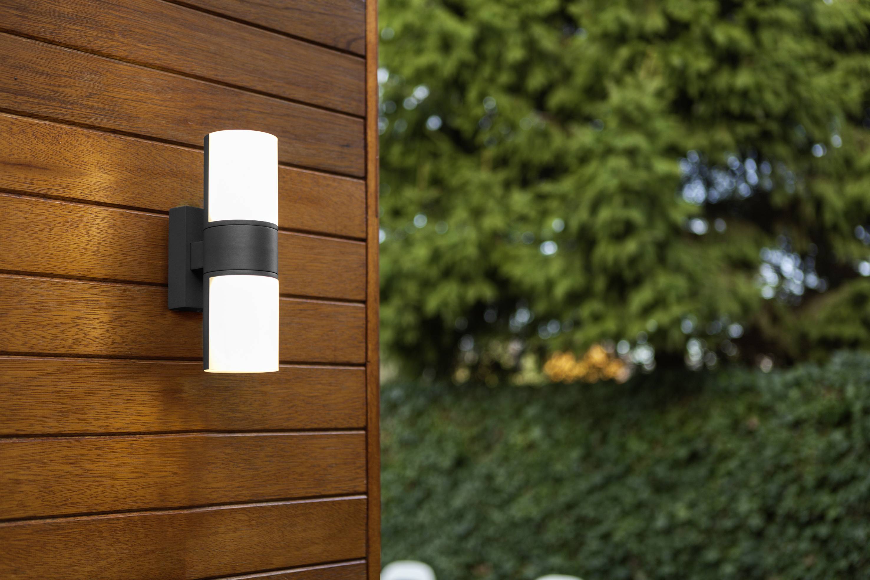Wandlamp aan een houten muur verlicht de buitenruimte naast groene hagen en bomen.