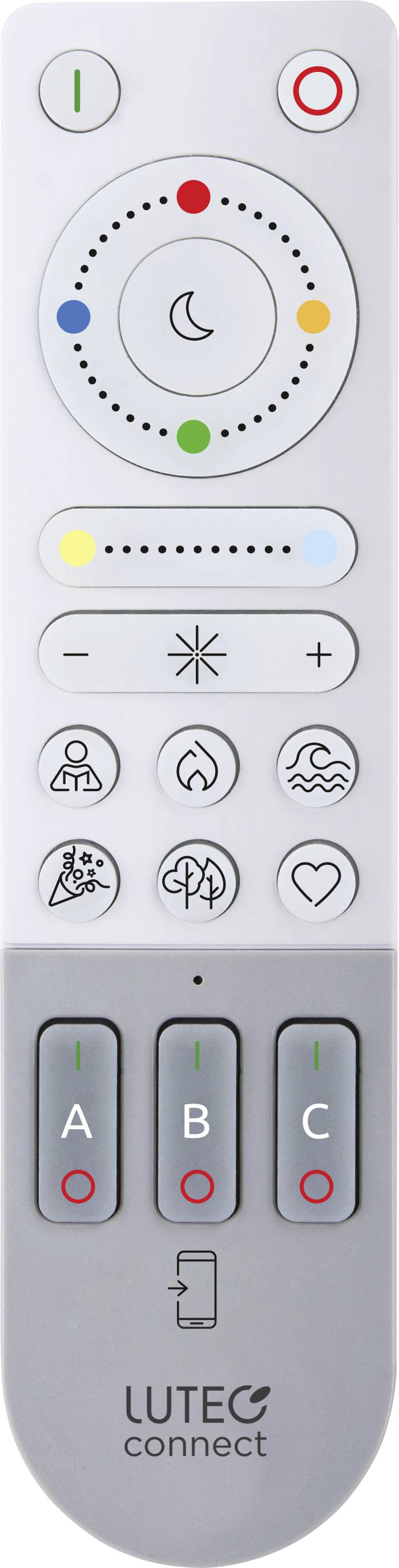 Een afstandsbediening met aanpasbare lichtinstellingen: Aan/Uit-knoppen, dimfunctie, kleurkeuze, modusknoppen voor verschillende effecten en A-B-C-groepsknoppen.