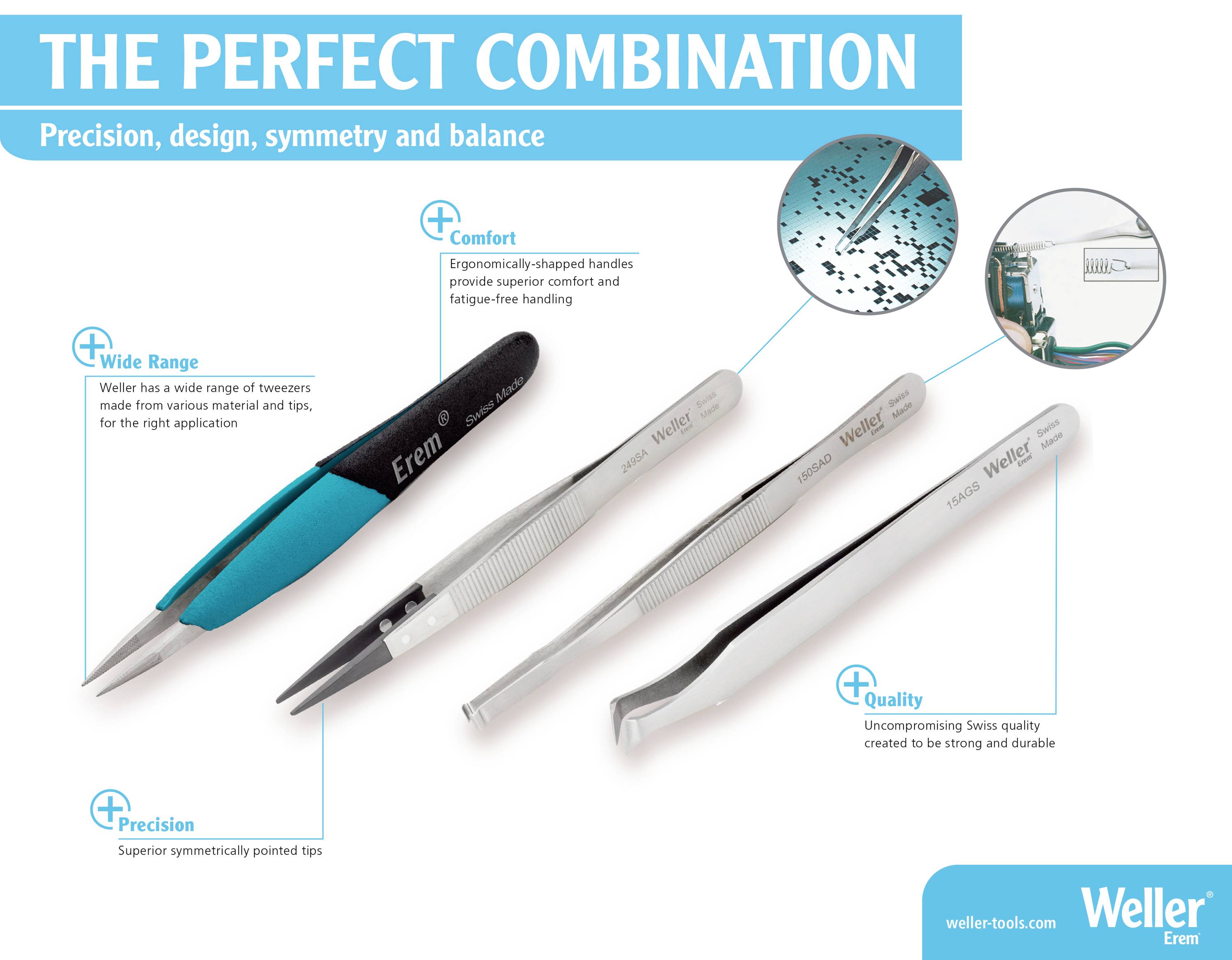 'De perfecte combinatie' van precisie, design, symmetrie en balans. Beschrijving van Erem pincetten met de nadruk op selectie, comfort en kwaliteit.