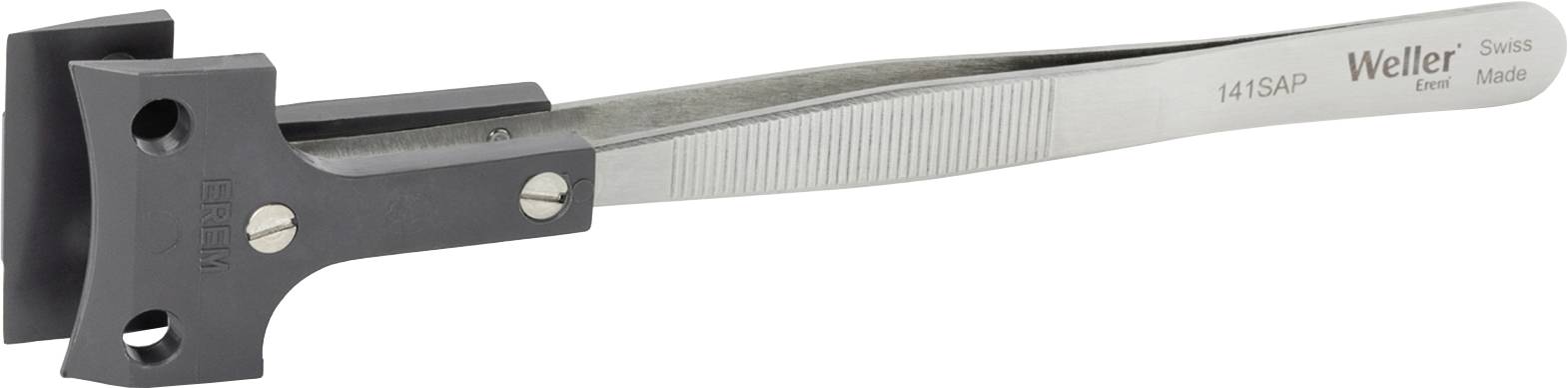 Pincet met platte grijper, metalen handgreep en matte grijze punten; geschikt voor precisiewerk in de elektronica of fijnmechanica.