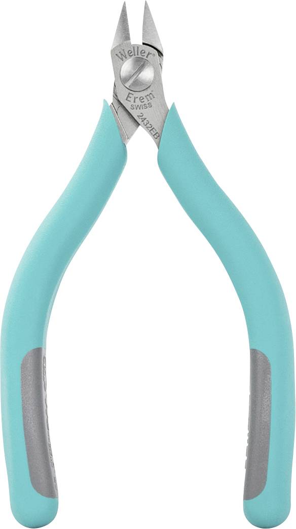 Een turquoise zijkniptang met grijze handgreep, geschikt voor precisieknipwerkzaamheden in de elektronica of ambachtelijke sector.