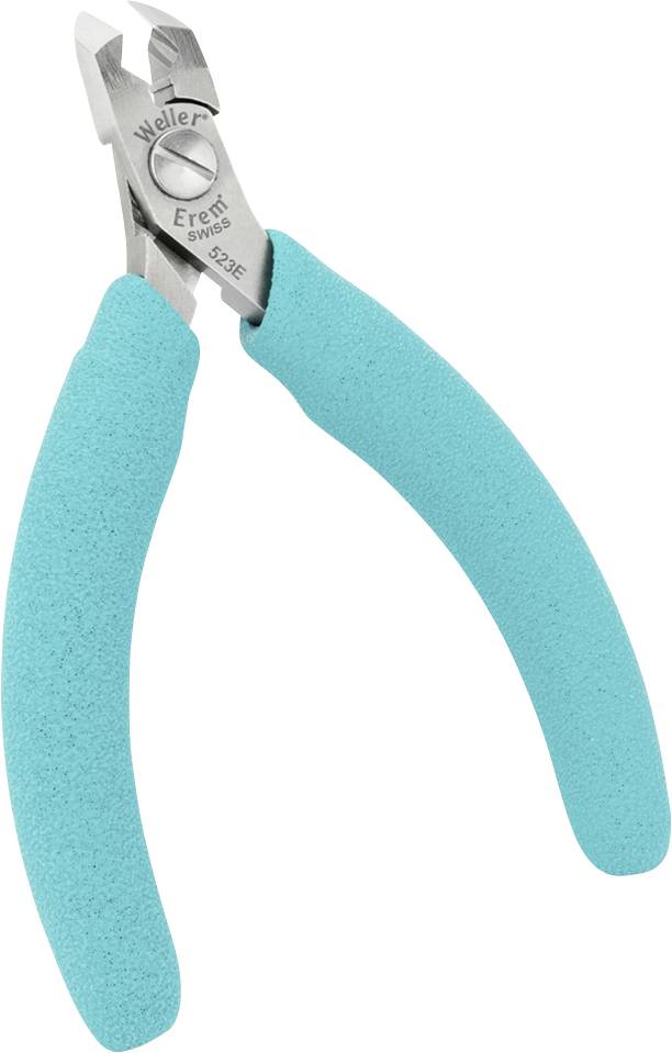 Een kleine, handige tang met turquoisegrijze handgrepen, geschikt voor precies knippen van dunne draden of fijne materialen.