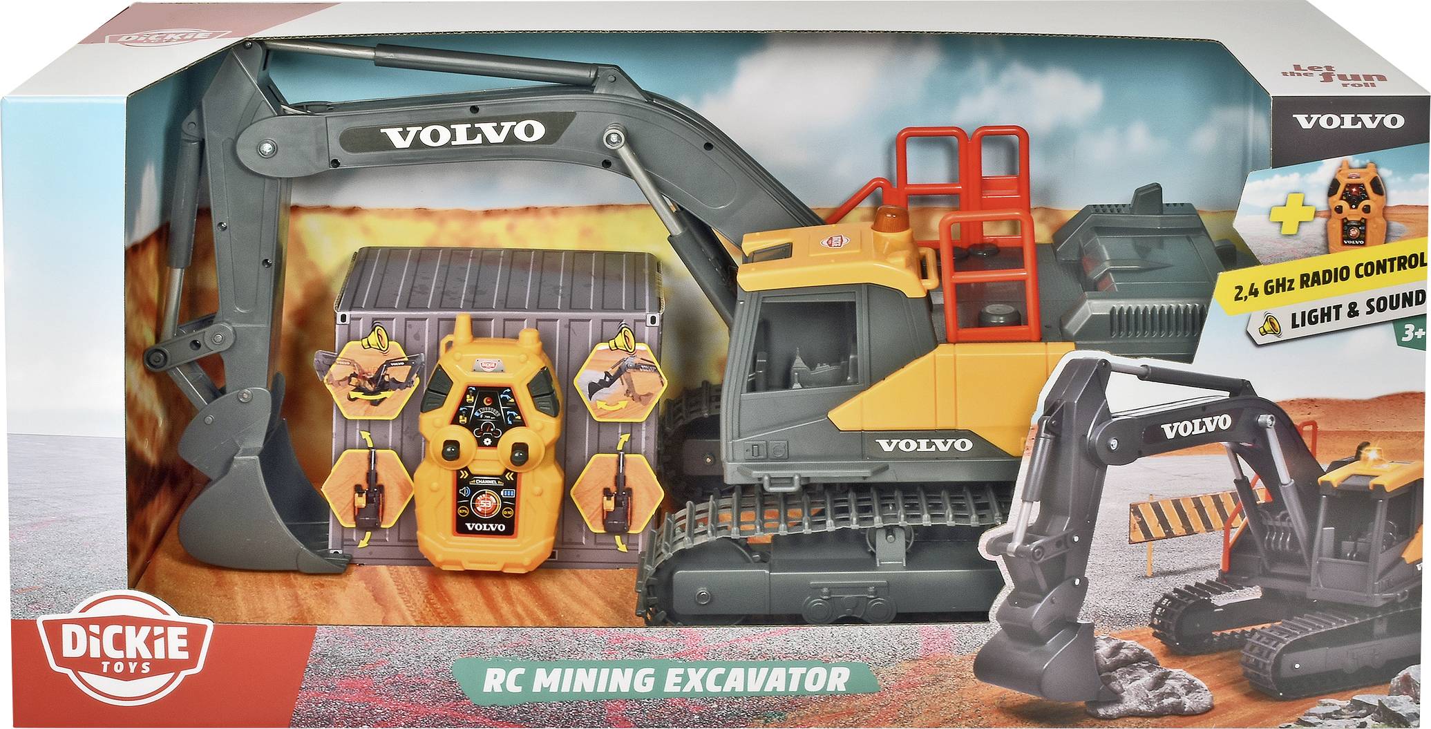 'RC Mining Excavator' van Dickie Toys voor kinderen vanaf 3 jaar. Set bevat een afstandsbediende graafmachine met licht- en geluidseffecten.