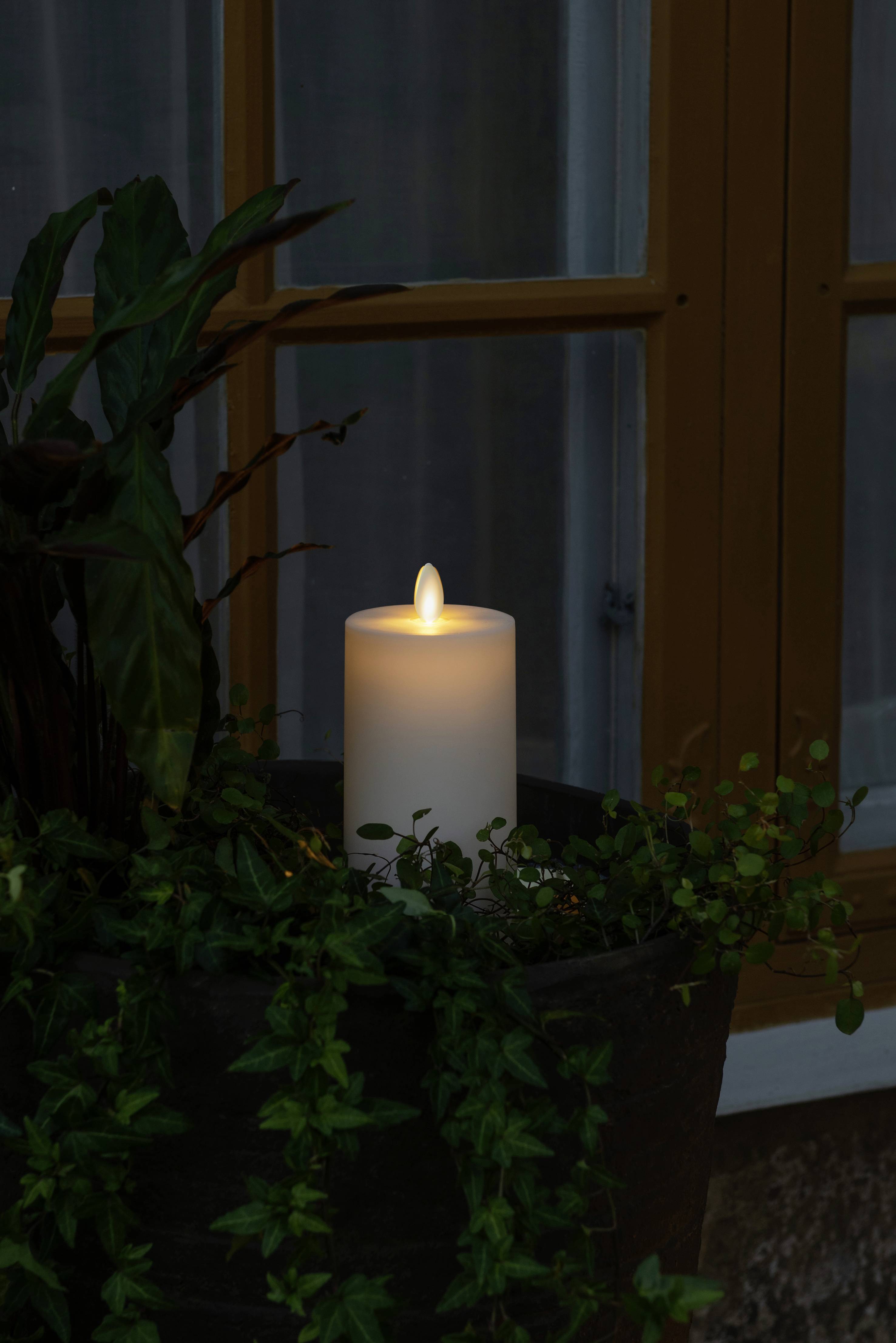 Een witte kaars schijnt in een donkere ruimte, omgeven door groene planten. Ze staat naast een raam met een houten lijst.