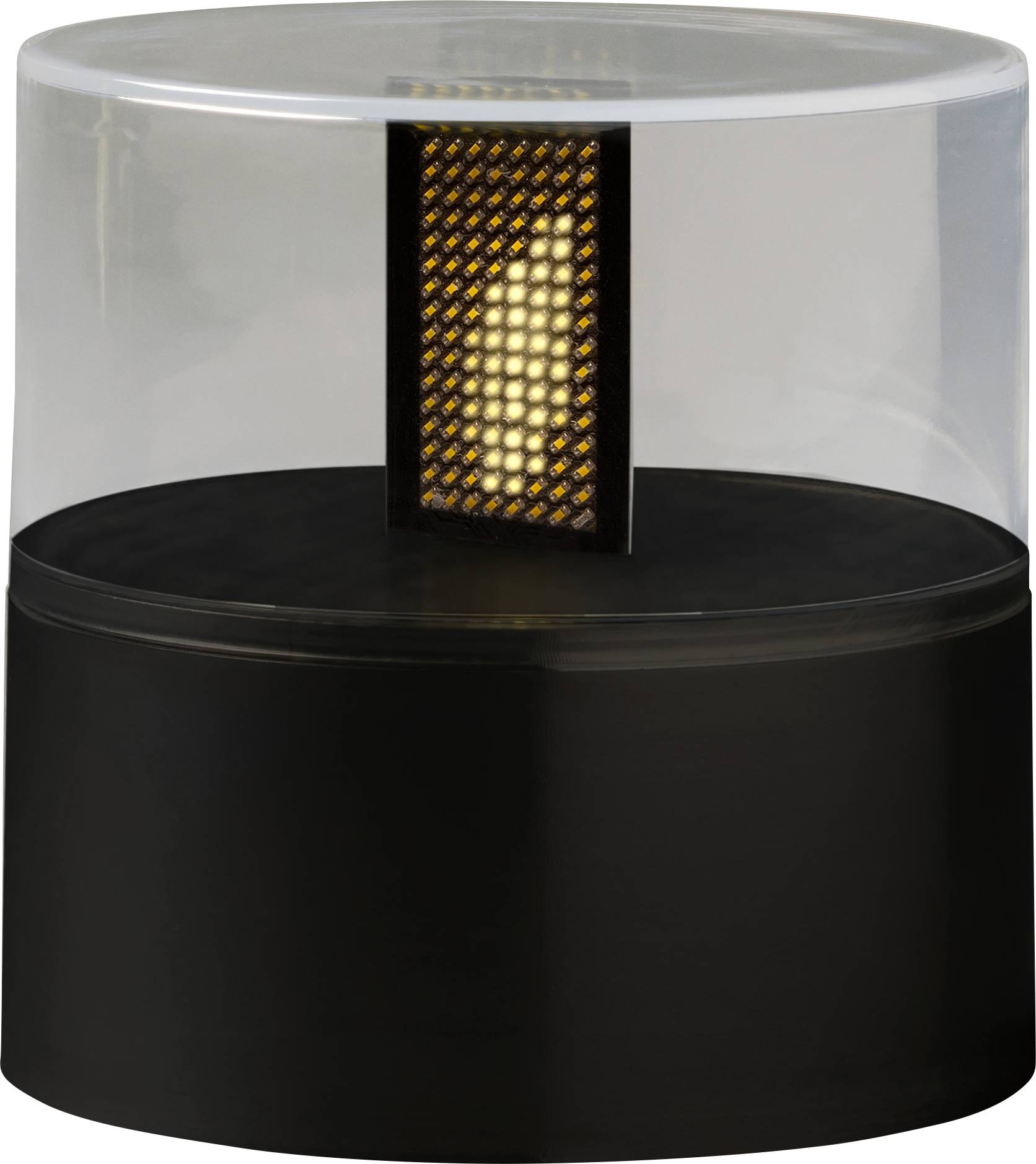 Een zwarte, ronde tafellamp met glazen kap toont een warm, stralend patroon in het midden; modern design-element.