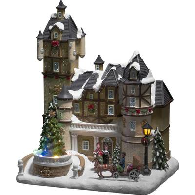 Een feestelijk versierd minigebouw in een besneeuwde landschap met verlichte kerstboom, paardenkoets en figuren op de voorgrond.