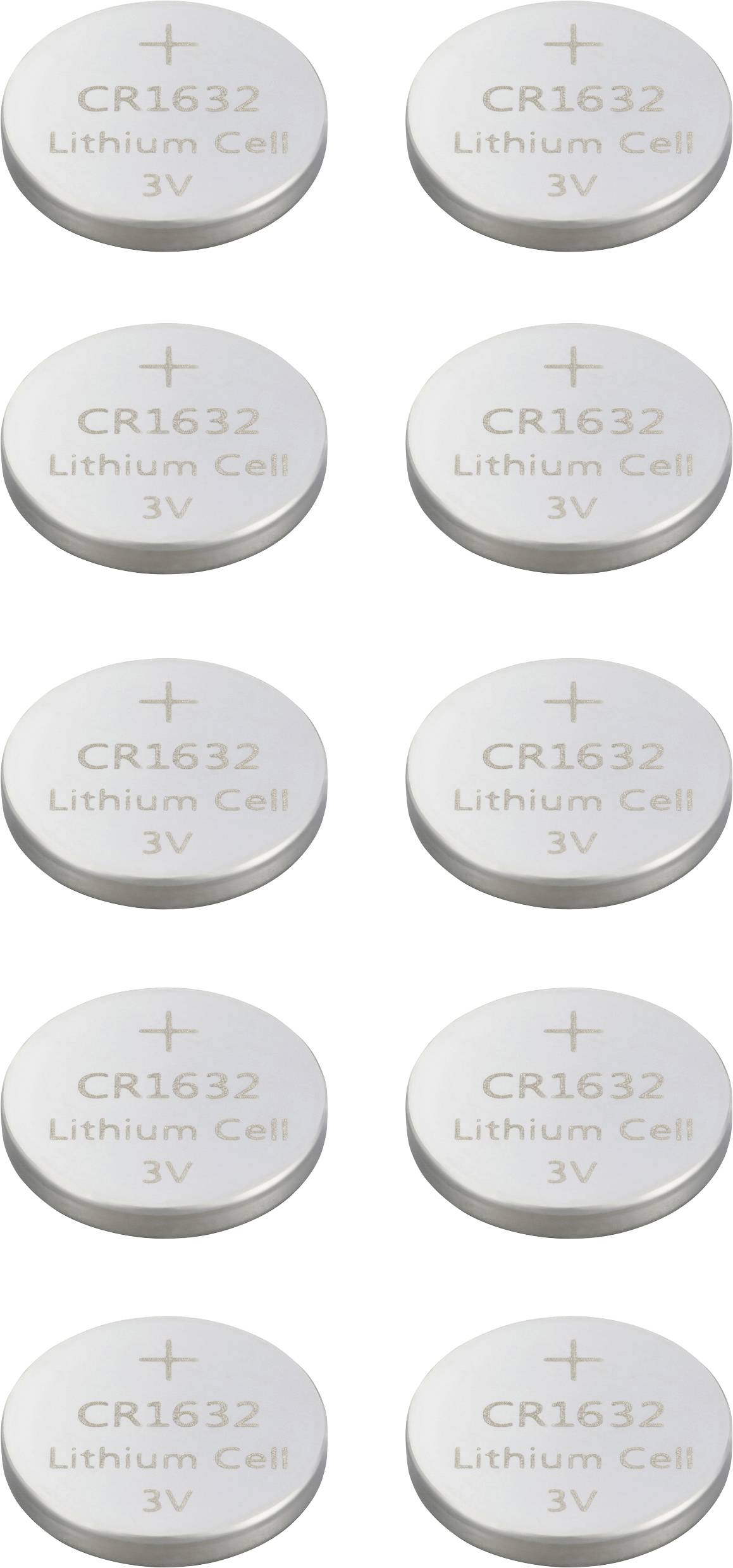 Tien zilveren knoopcelbatterijen van het type CR1632, Lithium 3V, gerangschikt in twee kolommen.